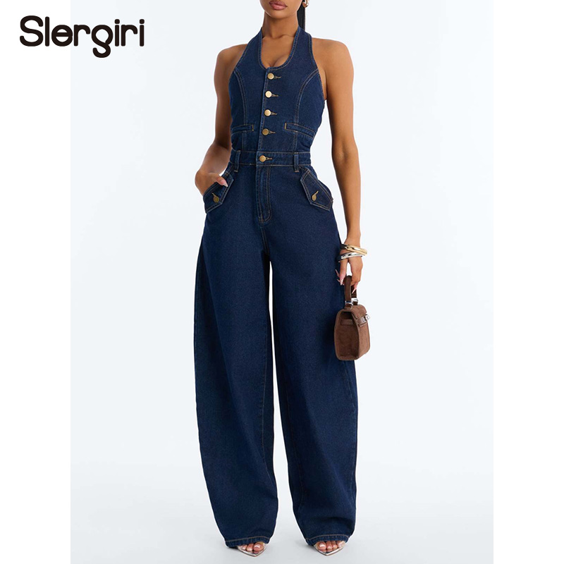 Sleeveless Jumpsuit - Slergiri Half Button Halter Denim Jumpsuit