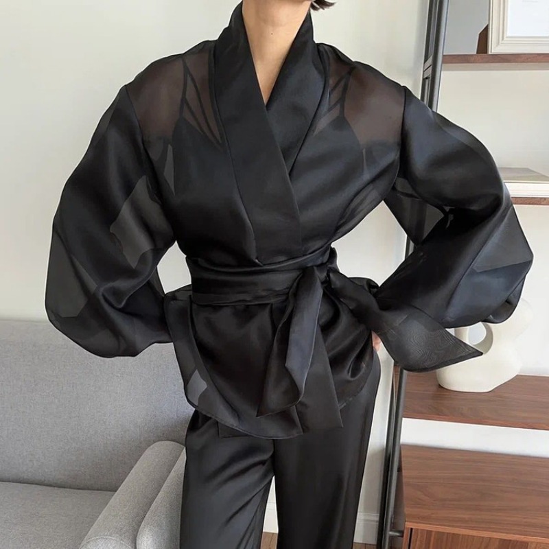 Wrap Blouse Chiffon - Elegant Black Sheer Organza Wrap Blouse