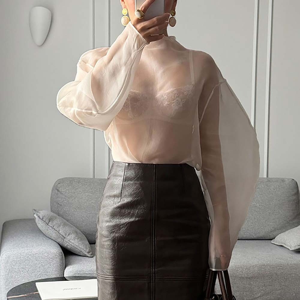 Wrap Blouse Chiffon - Chic Long Sleeve Mesh Blouse Half-high