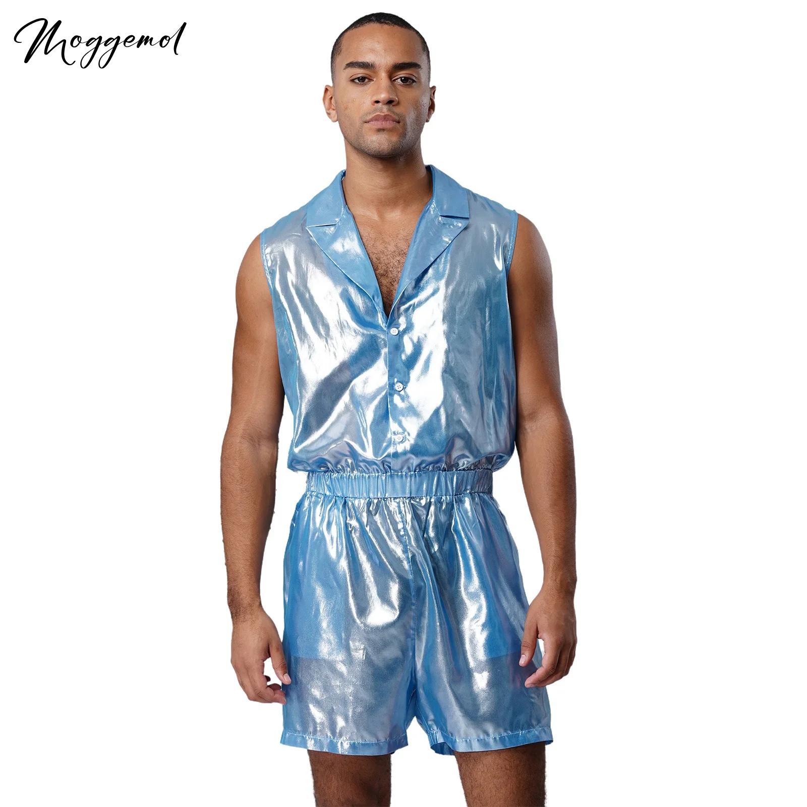 Mens Sheer Shiny Metallic Chif - Sleeveless Jumpsuit 评论和价格