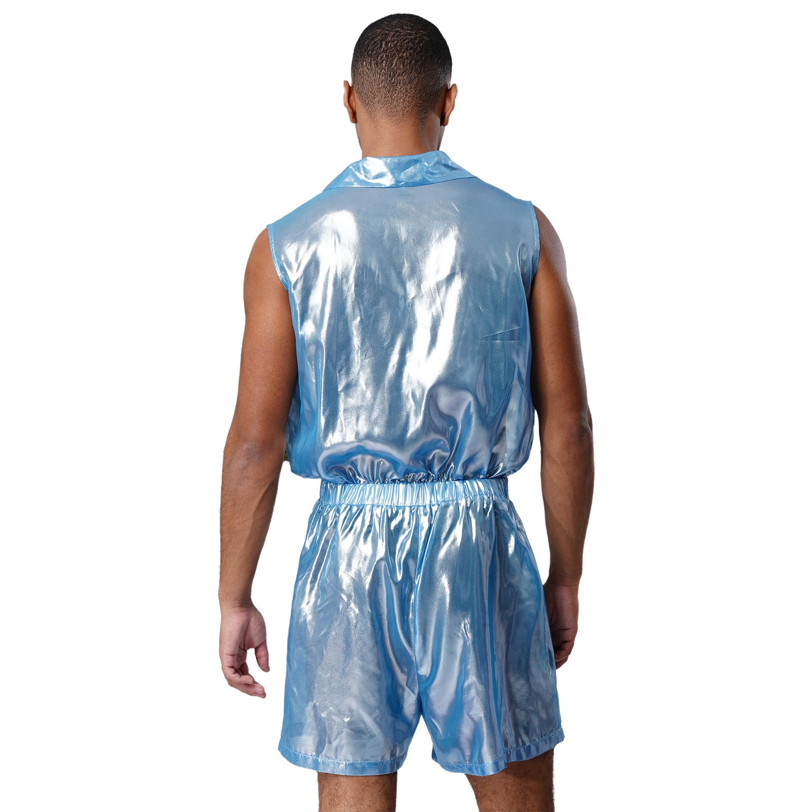 Mens Sheer Shiny Metallic Chif - Sleeveless Jumpsuit 评论和价格