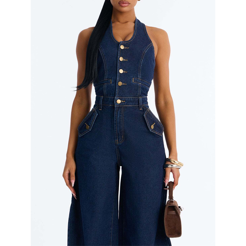 Slergiri Half Button Halter De - Sleeveless Jumpsuit 评论和价格