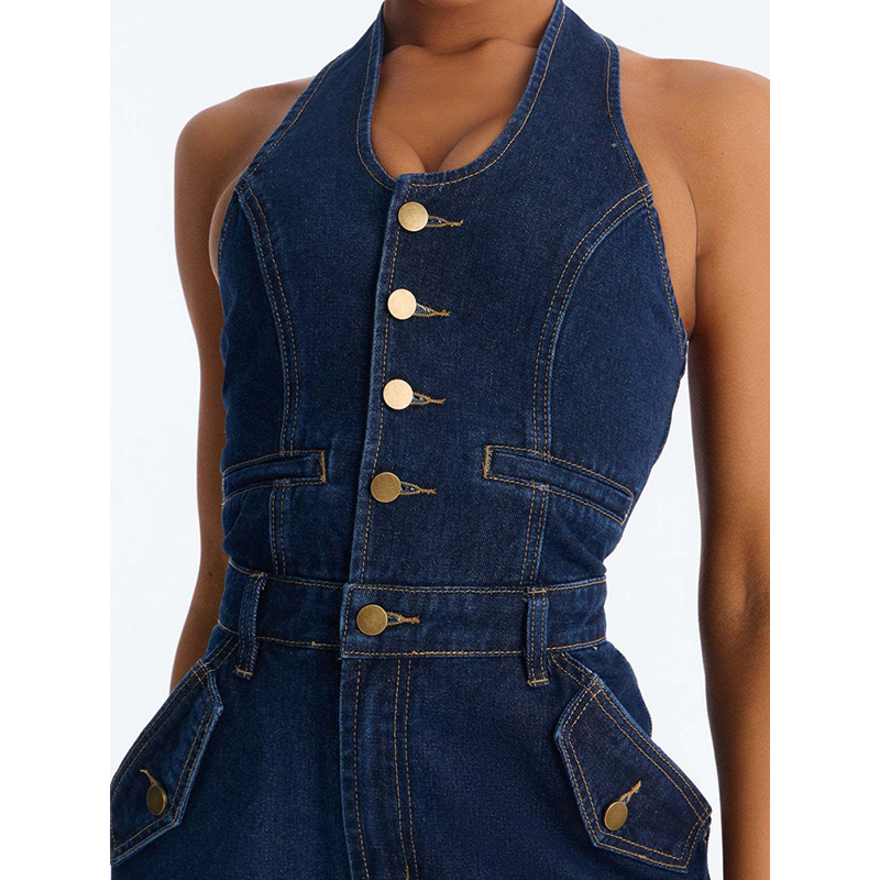 Slergiri Half Button Halter De - Sleeveless Jumpsuit 评论和价格