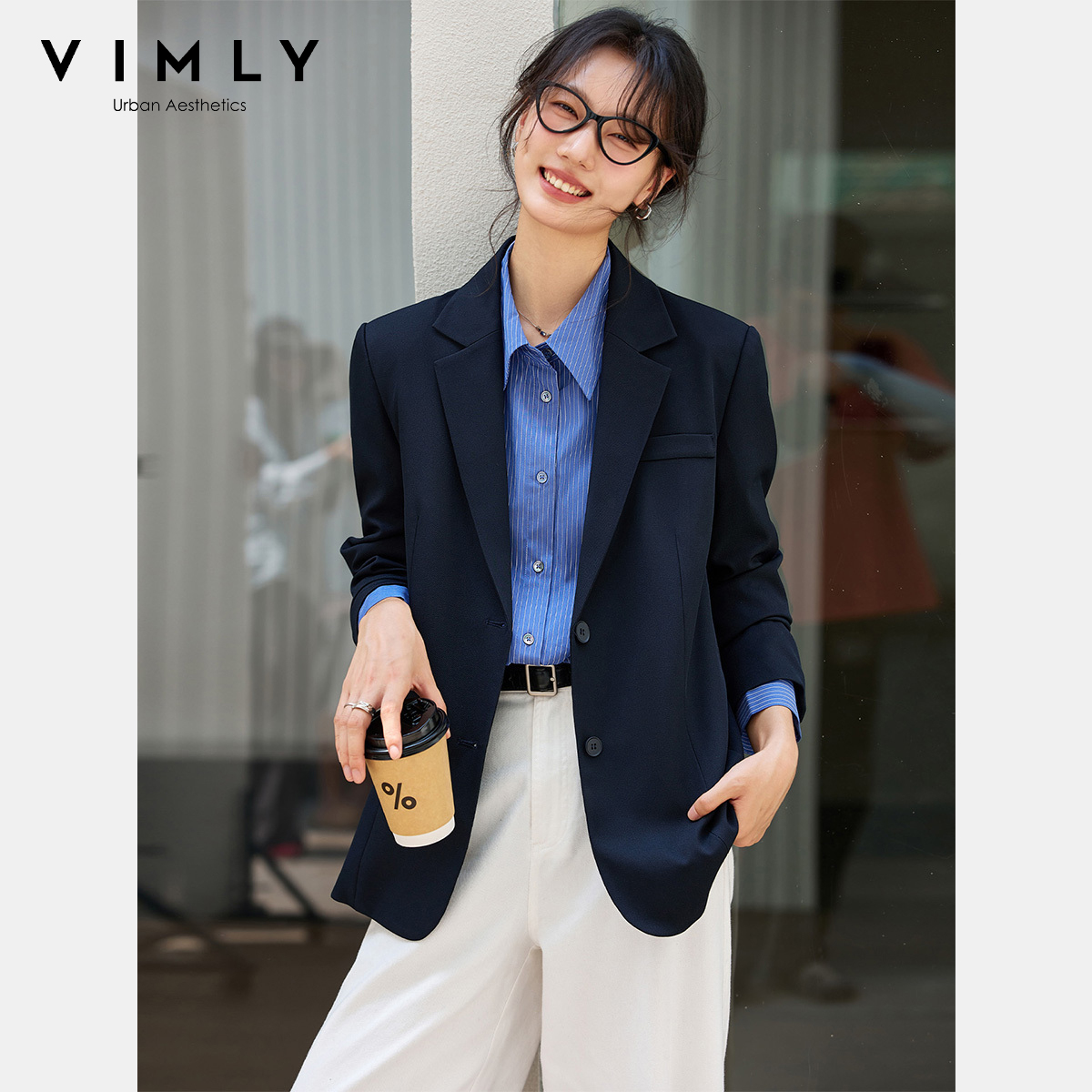 VIMLY Women's Navy Blue Jacket - Blazer Women Oversized 评论和价格