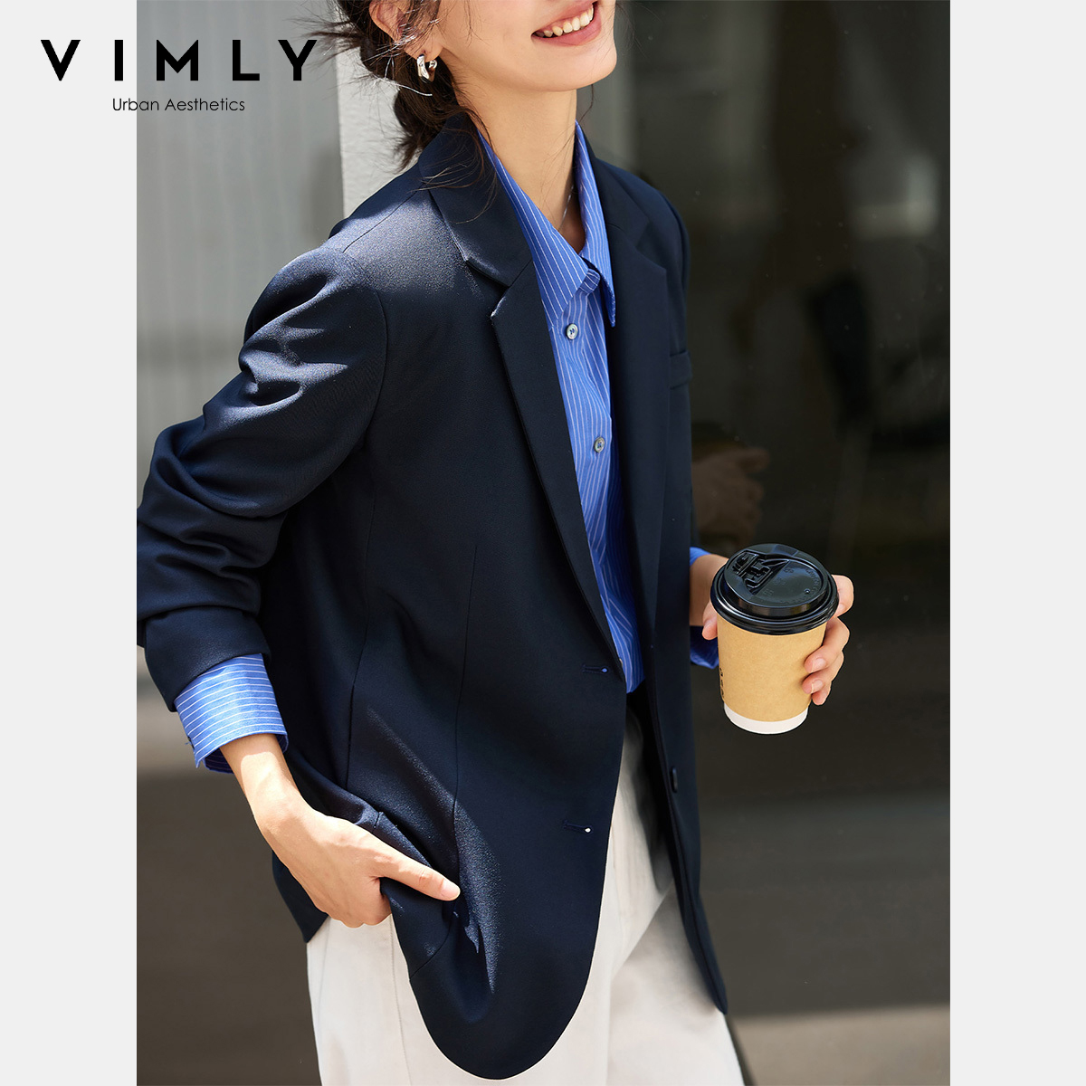 VIMLY Women's Navy Blue Jacket - Blazer Women Oversized 评论和价格