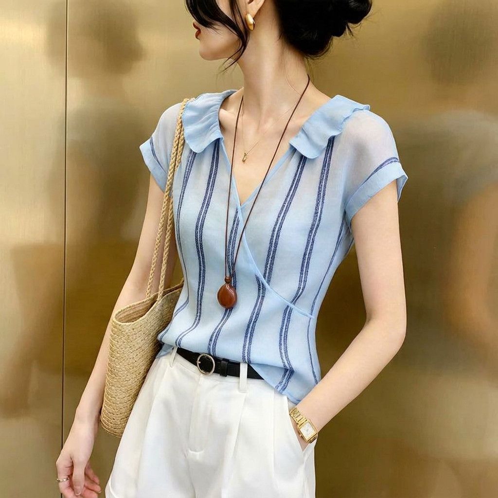 French Style Blue Vertical Str - Wrap Blouse Chiffon 评论和价格