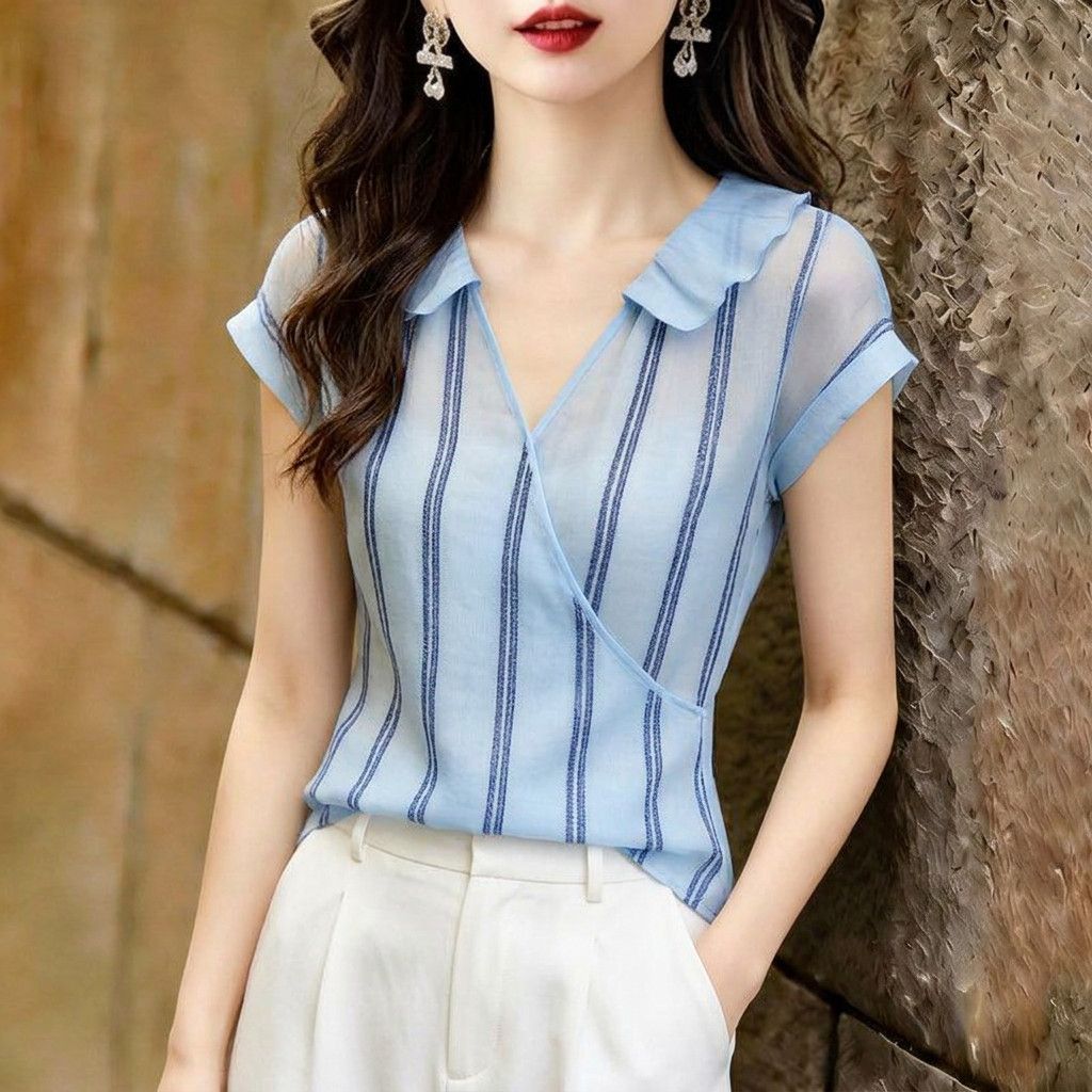French Style Blue Vertical Str - Wrap Blouse Chiffon 评论和价格