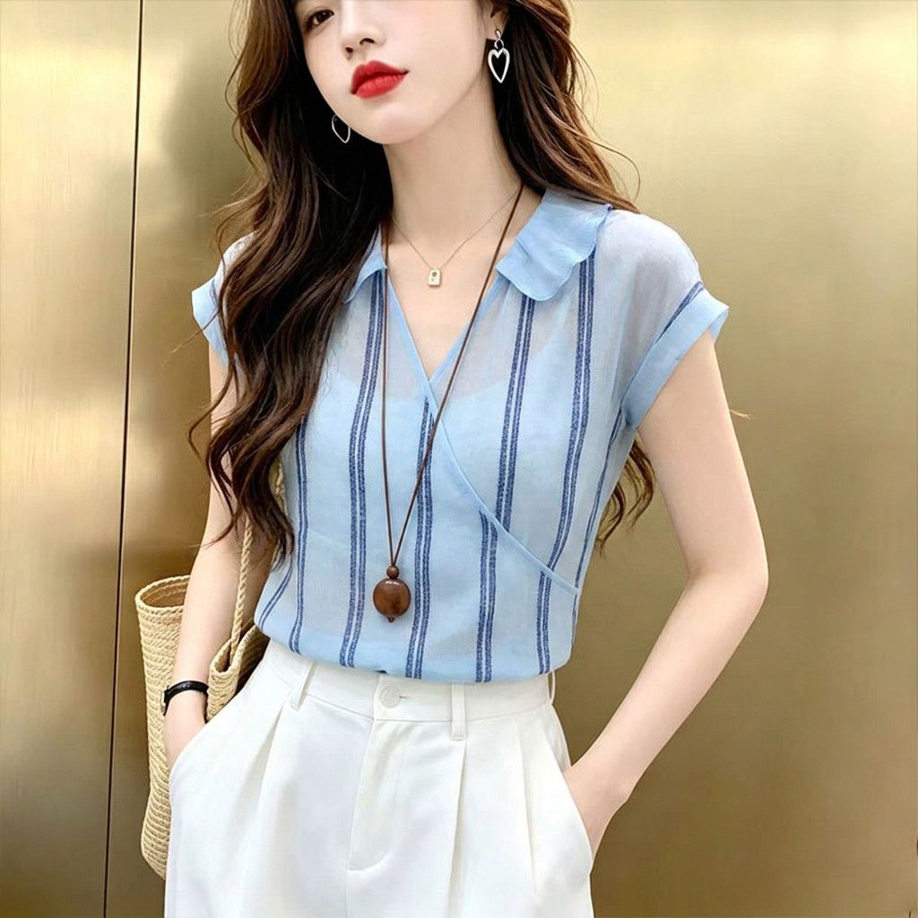 French Style Blue Vertical Str - Wrap Blouse Chiffon 评论和价格