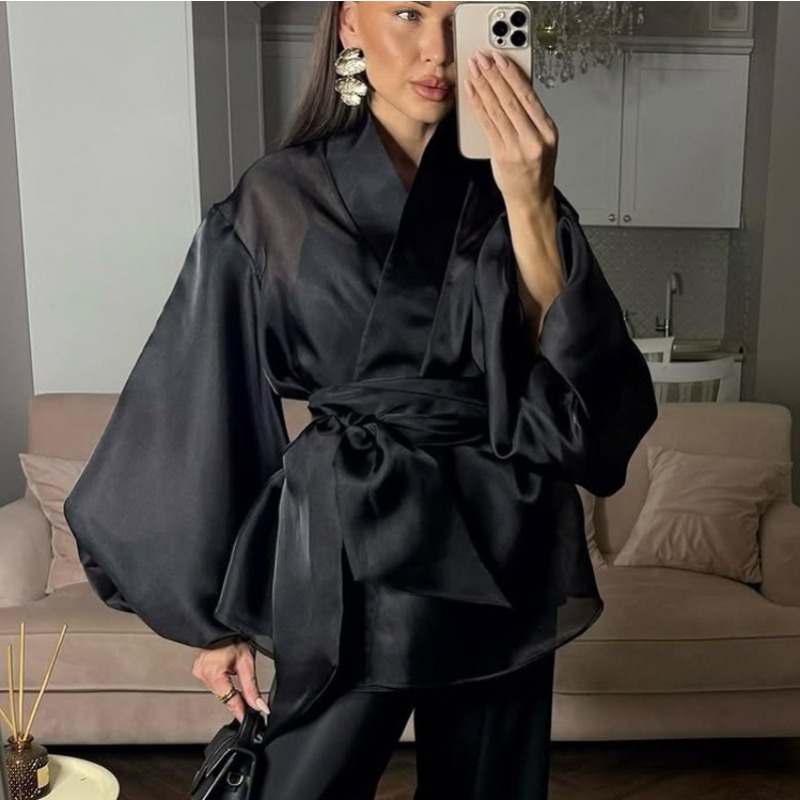 Elegant Black Sheer Organza Wr - Wrap Blouse Chiffon 评论和价格