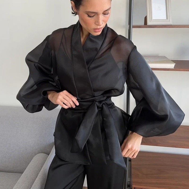 Elegant Black Sheer Organza Wr - Wrap Blouse Chiffon 评论和价格