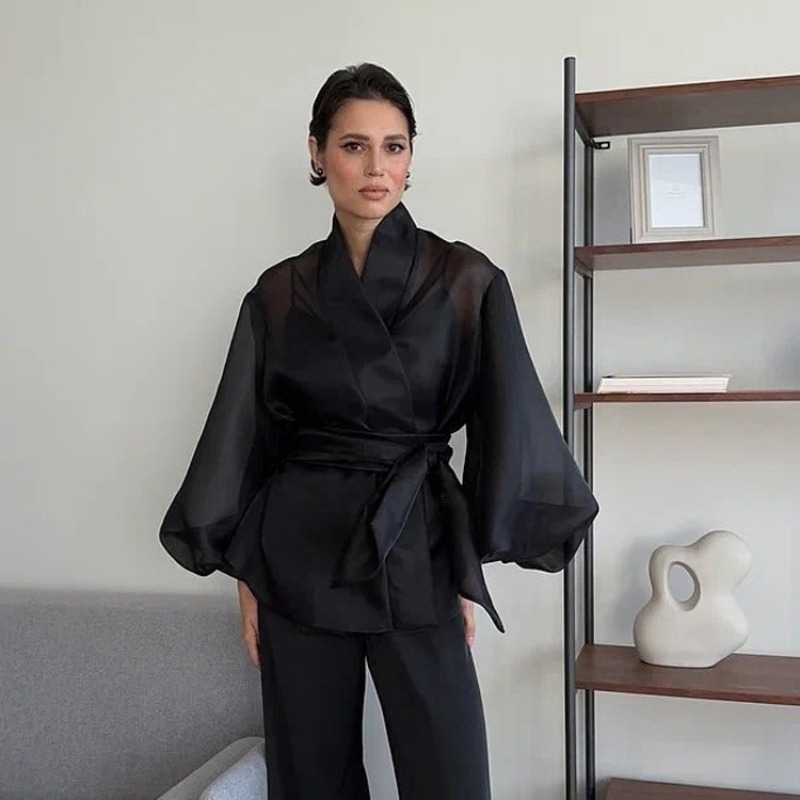 Elegant Black Sheer Organza Wr - Wrap Blouse Chiffon 评论和价格